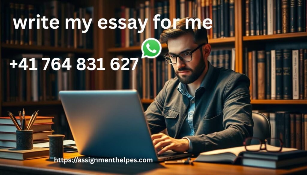 write my essay for me, A student typing an essay on a laptop with a 'Write My Essay' service website open on the screen.